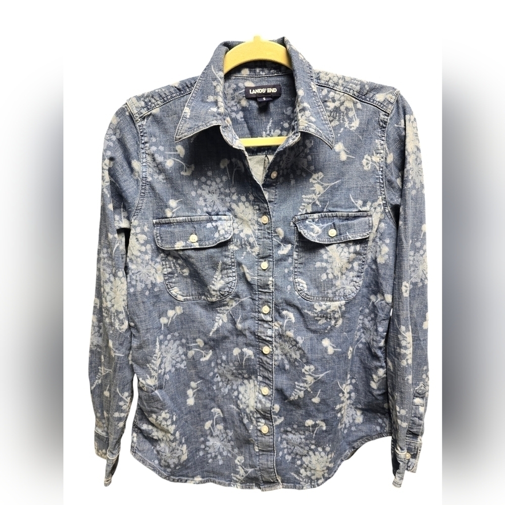 Lands' End Floral Denim Shirt Button Front Long Sleeve Blue Sz. 6-8